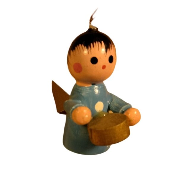 Handmade Other - Wooden Angel Drummer Boy Ornament Miniature Blue Gold Winged Vintage Christmas